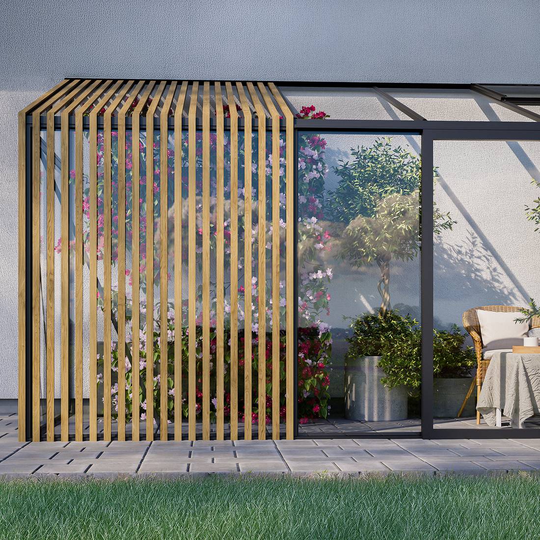 Vægdrivhus med Accoya-trædetaljer tilpasset husets materialepalette